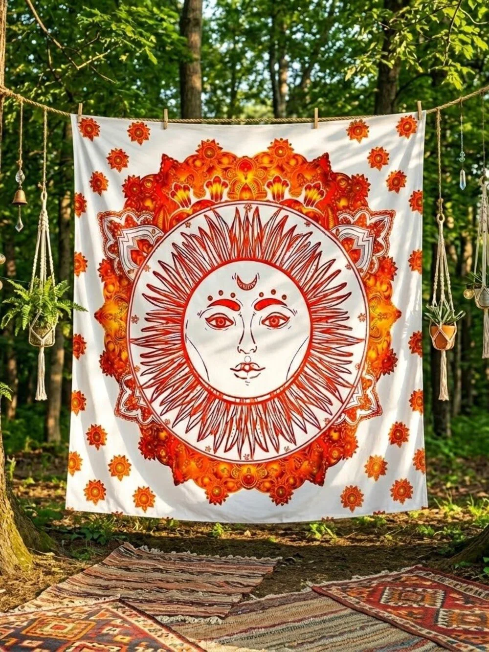 BRAND NEW Queen Size Large COTTON Cosmic Sun Stars Orange Gold Boho Tapestry